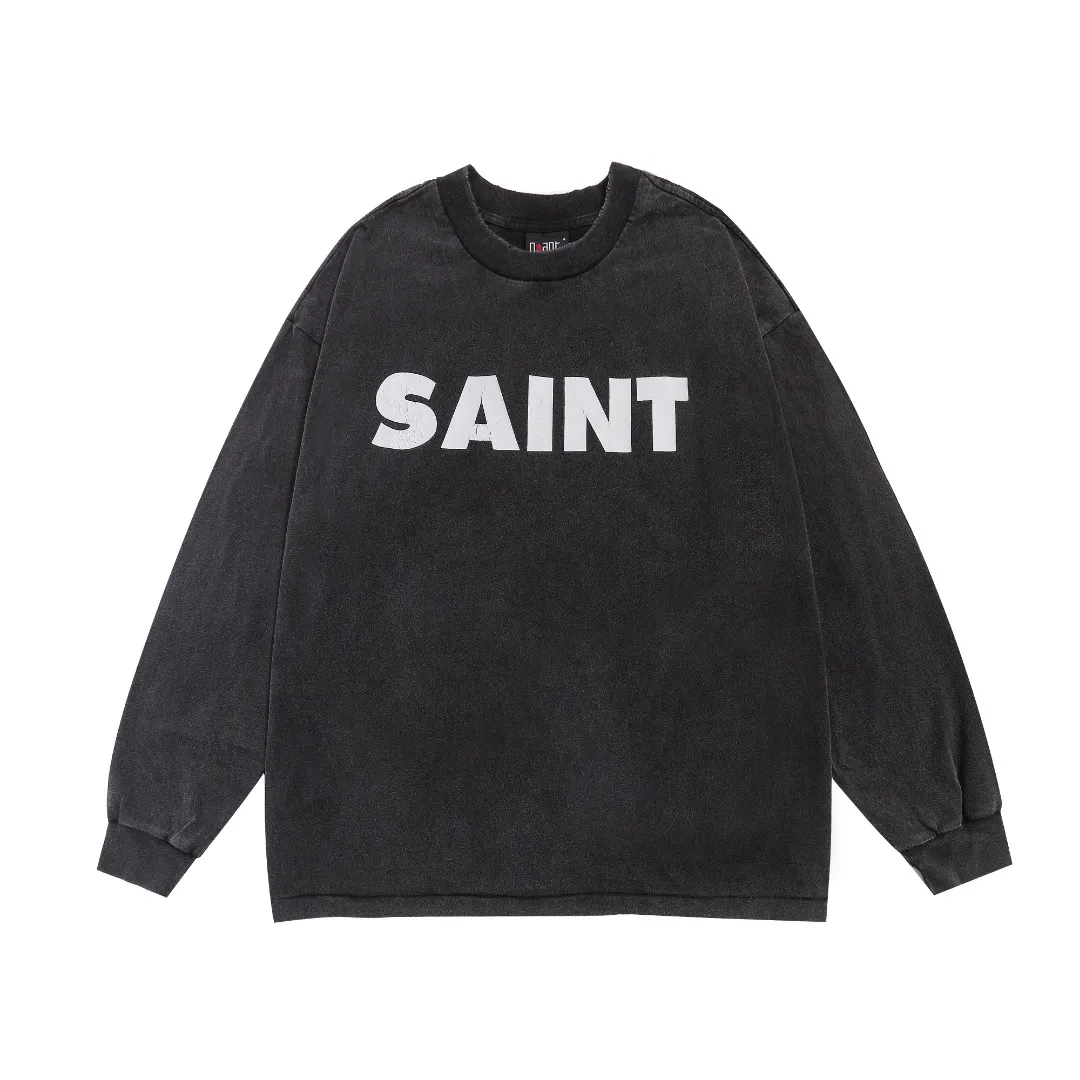 Saint Michael SNT letter slogan printed vintage distressed washed loose long-sleeved T-shirt Fabric: 260g Style number: SM01 Size: S-M-L-XL Color: Black Price: P156